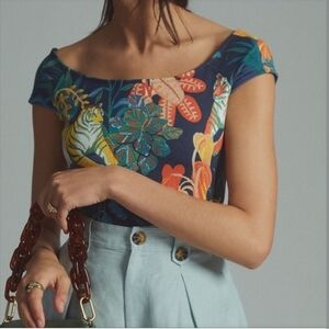 Anthro Maeve Tiger Jungle Print Top Off-Shoulder Knit Jungle Print Size XL